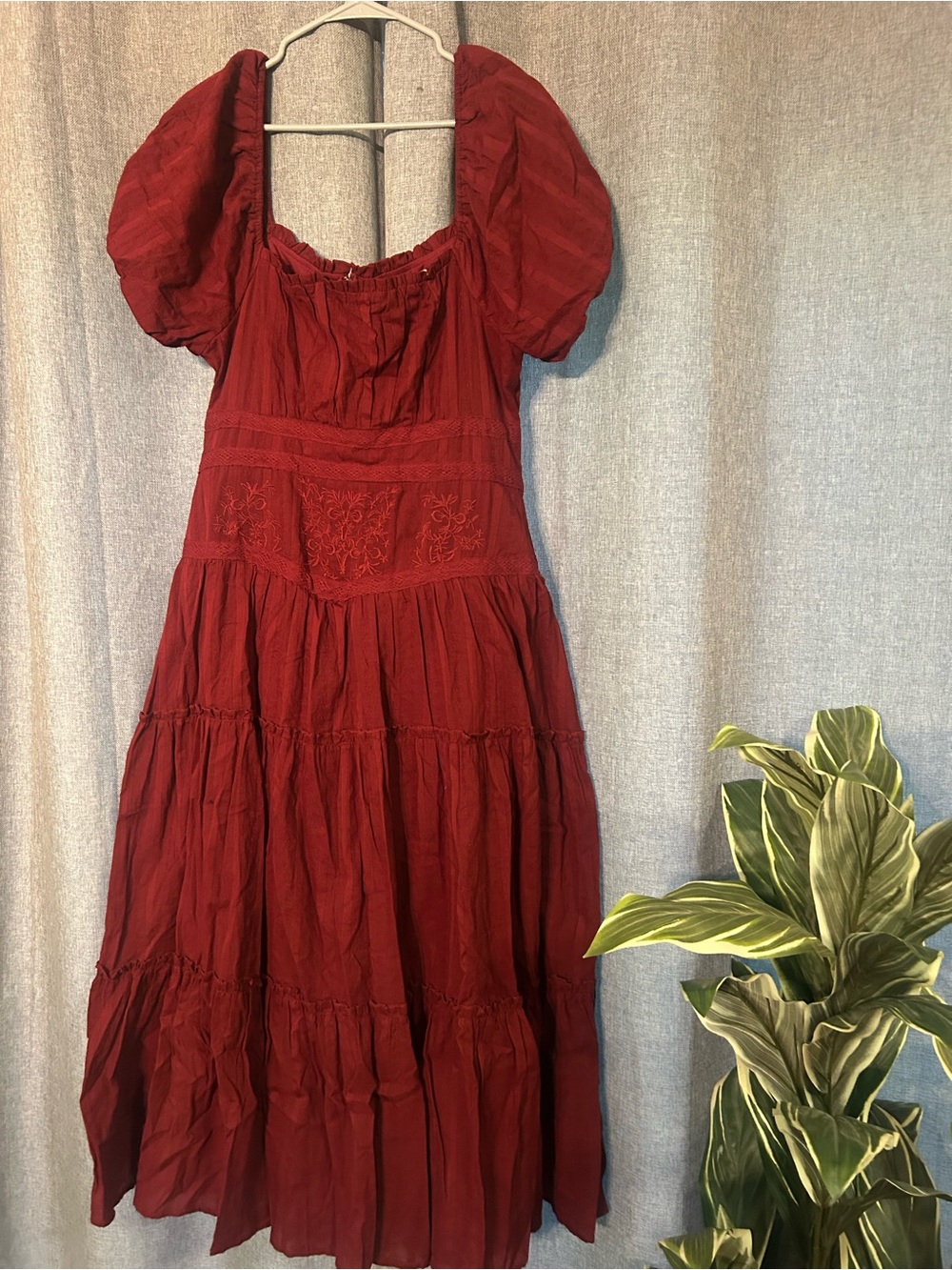 Altar'd State Deep Red Puff-Sleeve Tiered Maxi Dress